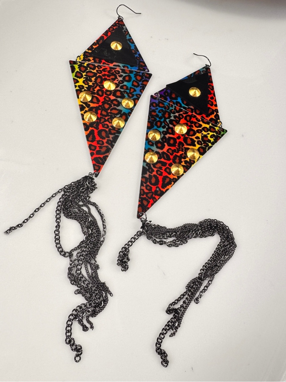 80’s Vibrant Rainbow Leopard Triangle Statement Tassel Earrings